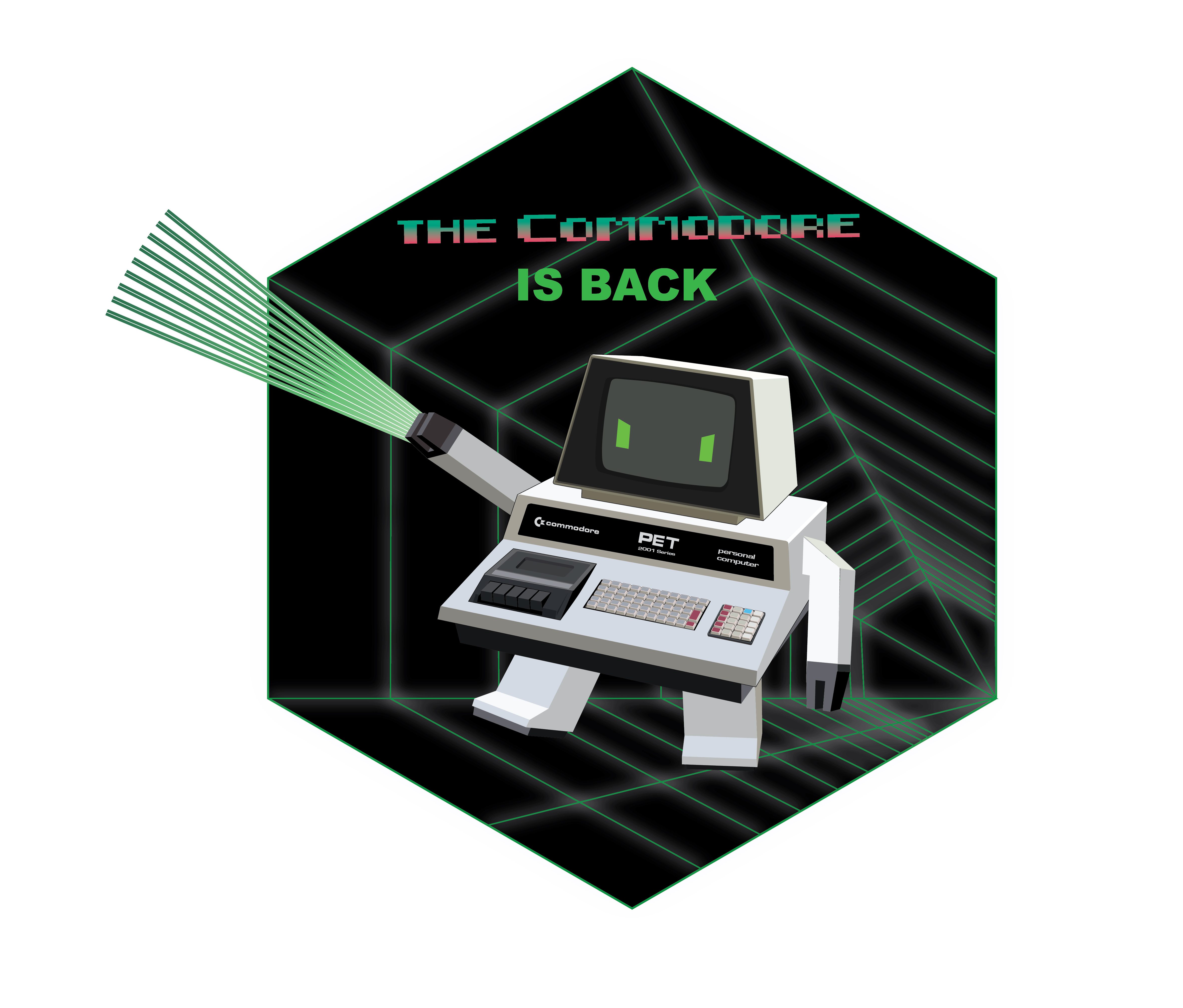 A cartoon image of a Commodore PET 4016 computer with arms and legs. He is shooting laser from his hand and looks excited